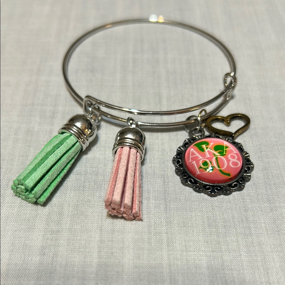 AKA Alpha Kappa Alpha Silver Bracelet Pink/Green Tassels with 1908/ heart charm